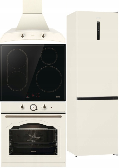 Zestaw GORENJE RETRO AGD zabudowa kremowy piekarnik indukcja okap lodówka