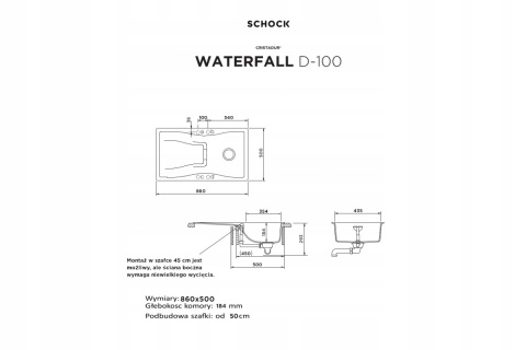 Zlew Schock WATERFALL D-100 Silverstone CRISTADUR 86x50