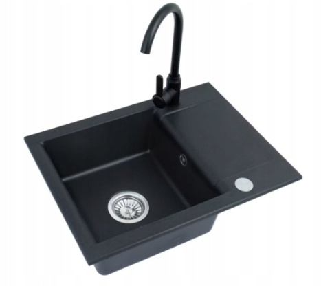 Zlewozmywak granitowy jednokomorowy Alveus masywny czarny + bateria + syfon