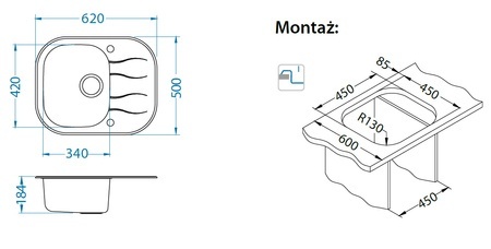 Zlew szklany Alveus WAVE 10 620 x 500 mm zółty + syfon POP-UP